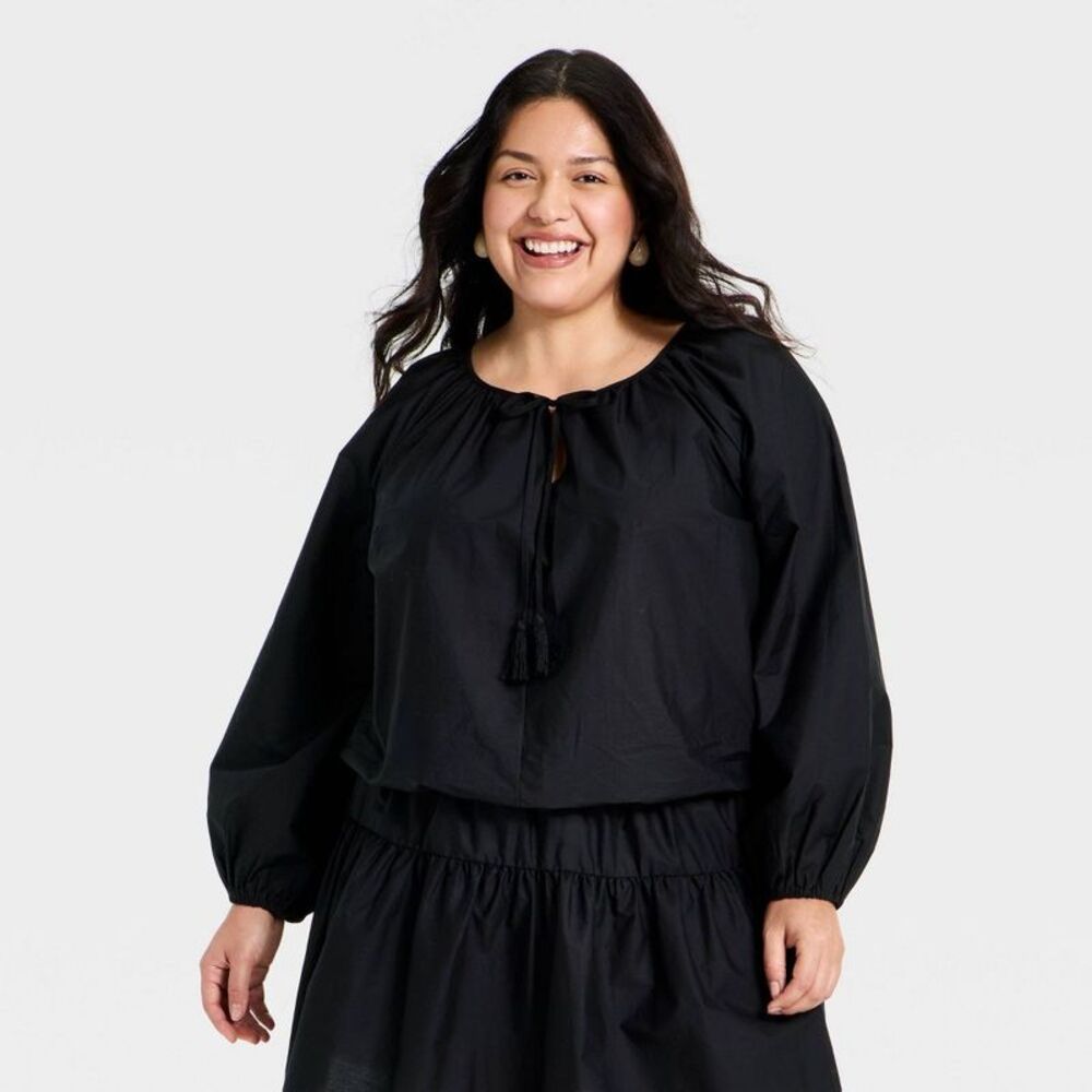 Women's Balloon Sleeve Tie-Front Top - A New Day Black XXL